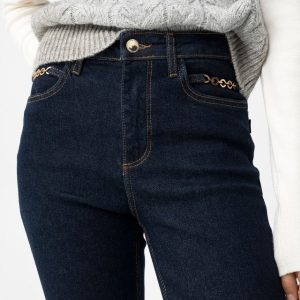 Tiffosi (SS26) Cropped Flare Jeans With Gold Chain Megan_127 - Dark Denim (TC3)