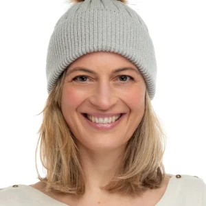 Abriana Light Grey Chunky Knit Bean With Natural Brown Pom Pom
